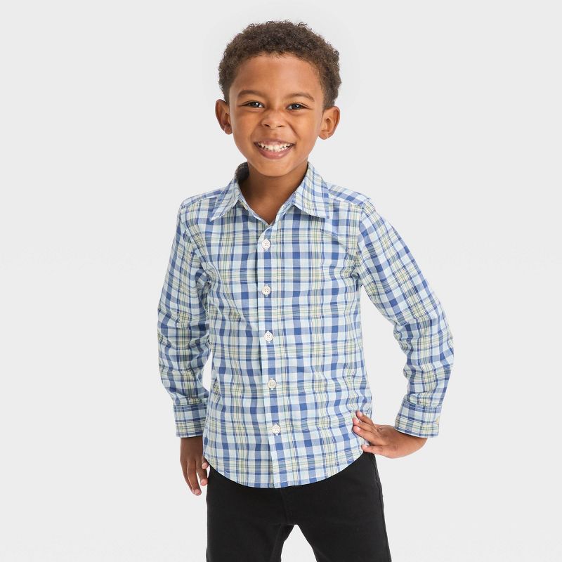 OshKosh B'gosh Toddler Boys' Short Sleeve Plaid Woven Button-Down Shirt - Navy Blue, 1 of 4