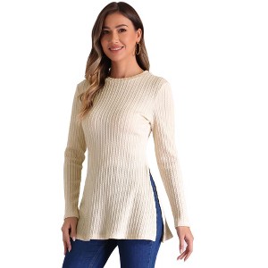 INSPIRE CHIC Women's Fall Casual Long Sleeve Pullover Split Hem Crewneck Knit Textured Tunic Blouse - 1 of 4