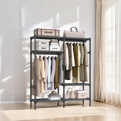 Black Steel Portable Wardrobe with Hanging Rails and Shelves