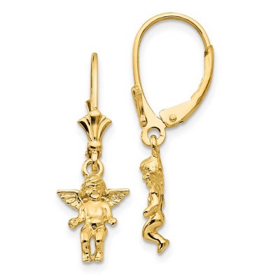 Black Bow Jewelry 3D Mini Guardian Angel Lever Back Earrings in 14k Yellow Gold