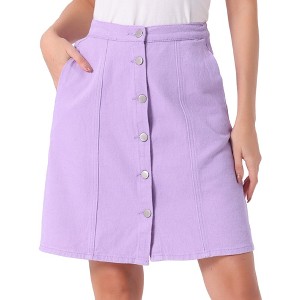 Allegra K Women's Elastic Back Short Button Down Denim Skirts with Pockets - 1 of 4