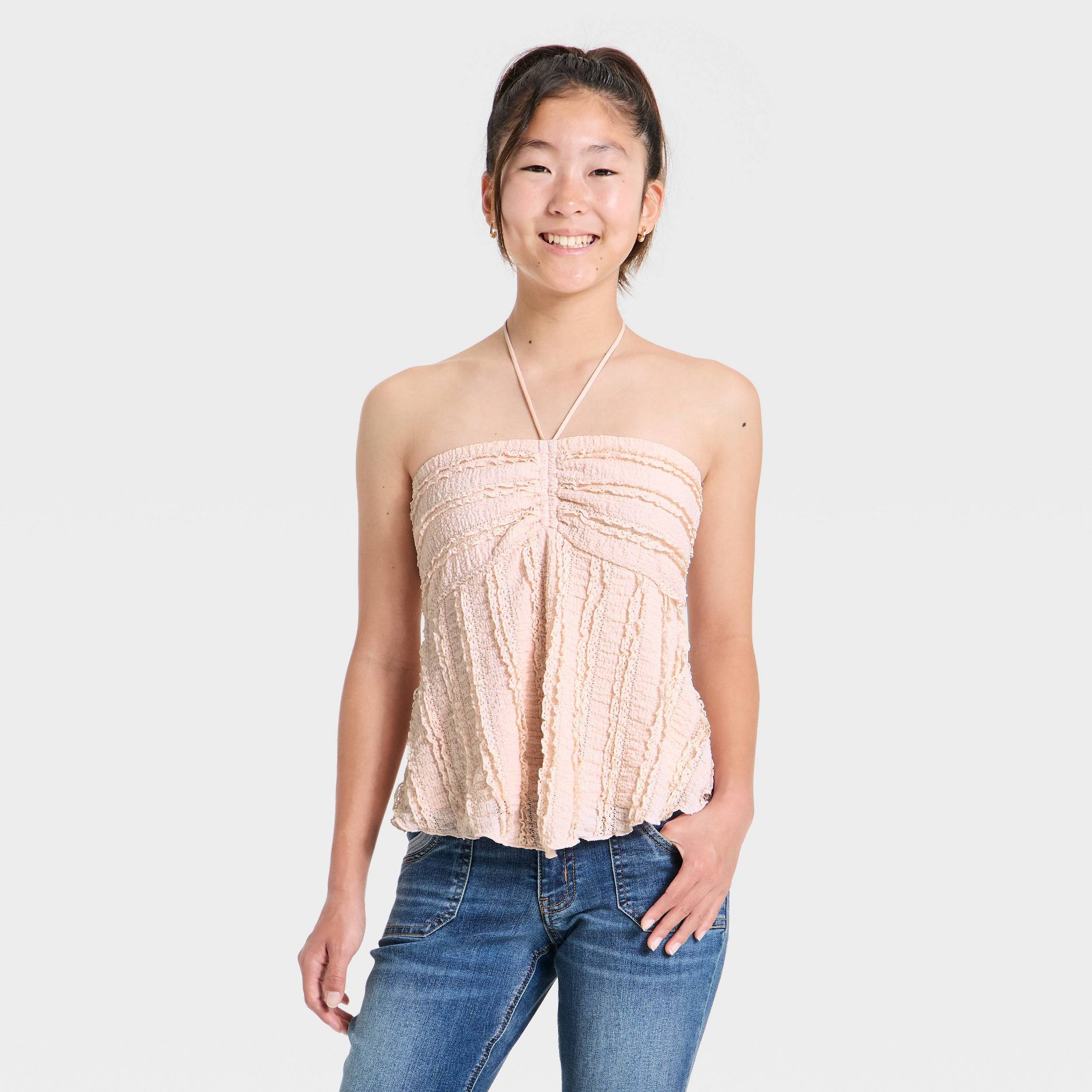 Girls' Strapless Textured Knit Babydoll Tank - art class™