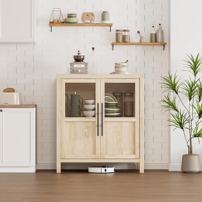 Garvee Sideboard Buffet Cabinet with 2 Glass Doors Compact Wood Grain Storage for Kitchen Dining