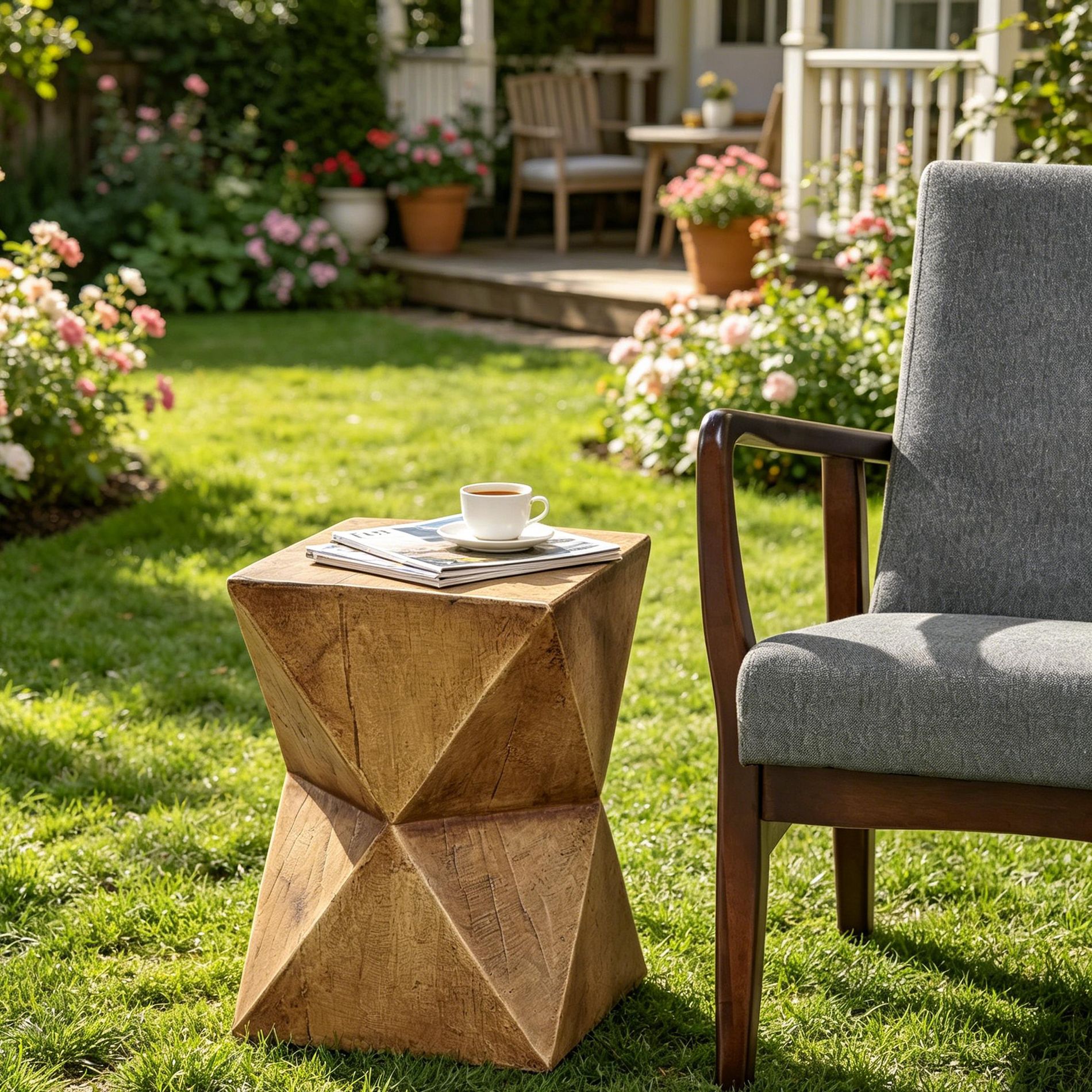 ModernLuxe Hourglass Outdoor Side Table, Lightweight End Table Concrete Accent Table with Wood-Like Finish, Natural