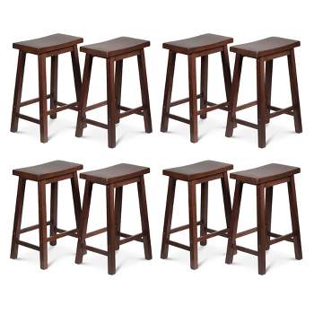 PJ Wood Classic Saddle-Seat 24" Tall Kitchen Counter Stools for Homes, Dining Spaces, and Bars w/ Backless Seats, 4 Square Legs, Walnut (Set of 8)
