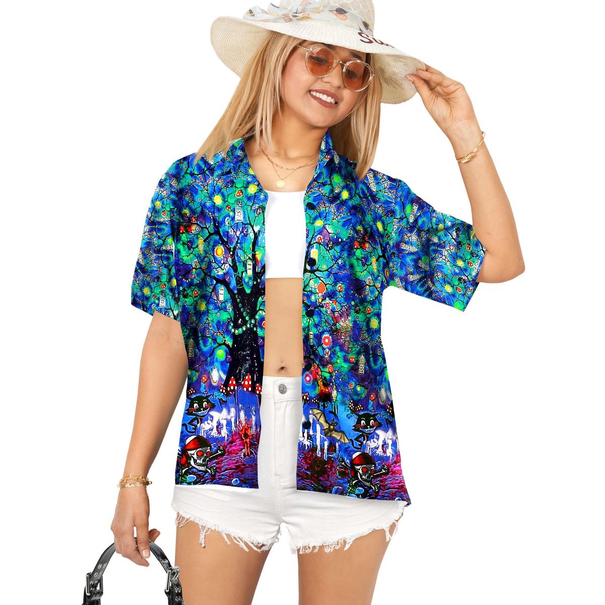 HAPPY BAY Women's Hawaiian Blouse Dresses Button Down Tops Dress Shirt Short Sleeve Halloween Costumes Vintage Shirts for Women XX-Large Blue, Ghost