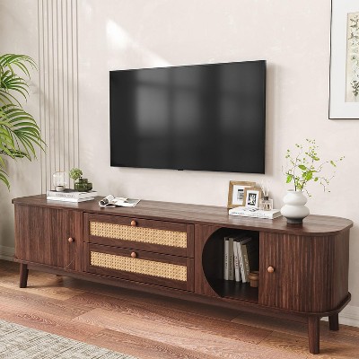 Angel Sar Rattan TV Stand for 75 Inch TV with 2 Large Drawers, Sliding Doors, Media Console with Solid Wood Legs,