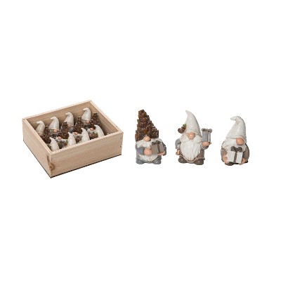 Transpac Set of 12 Resin Mini Birch Gnome Figurines in Crate - Christmas Decorative Objects for Holiday Cheer