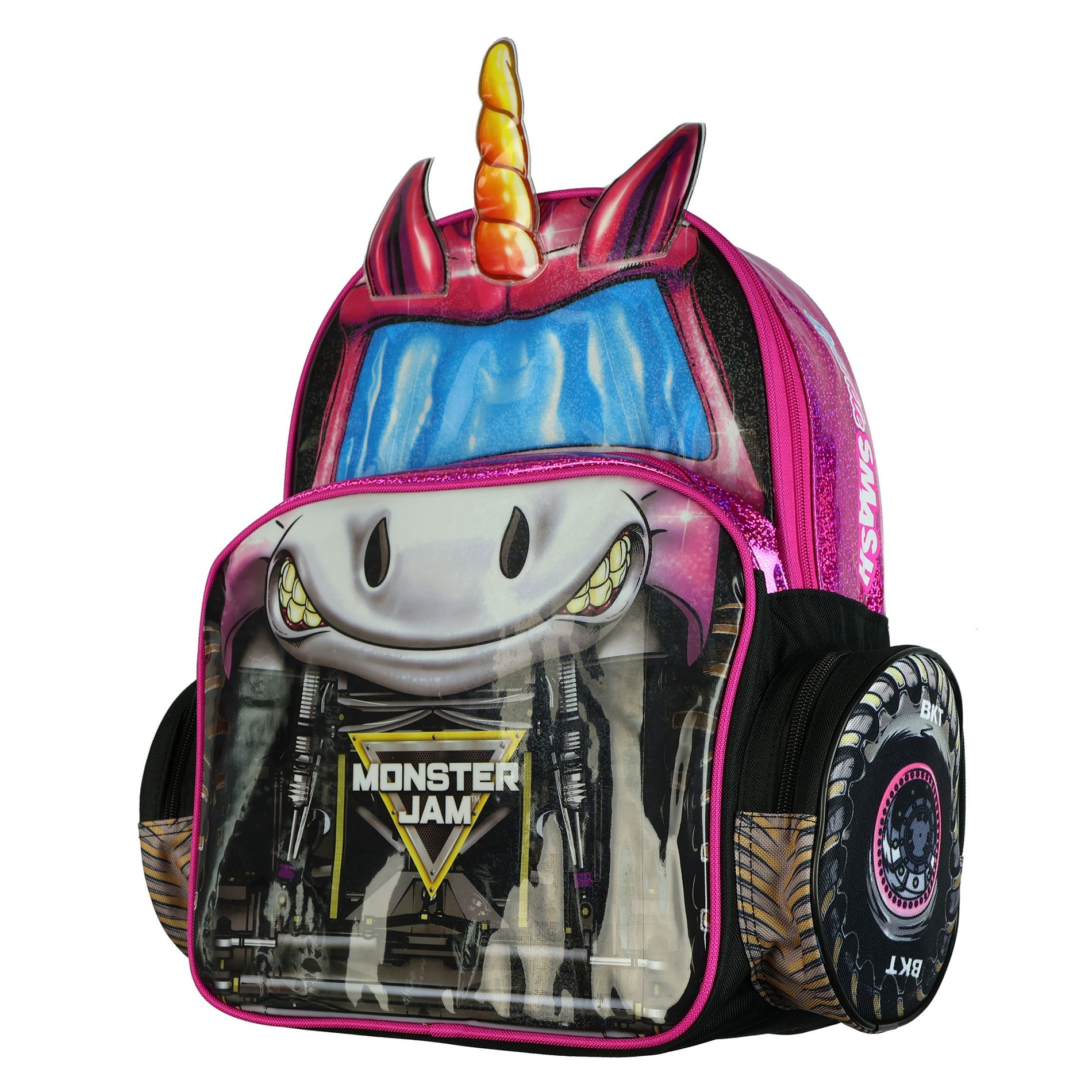 Intimo Monster Jam Backpack Sparkle Smash 3D Truck Bookbag 16" Pink