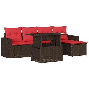 vidaXL Patio Sofa Set with Cushions and Table Outdoor 6 Piece Poly Rattan - Brown without storage - 1 of 4