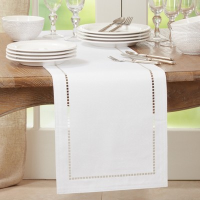 White Polyester Laser-Cut Hemstitch Table Runner