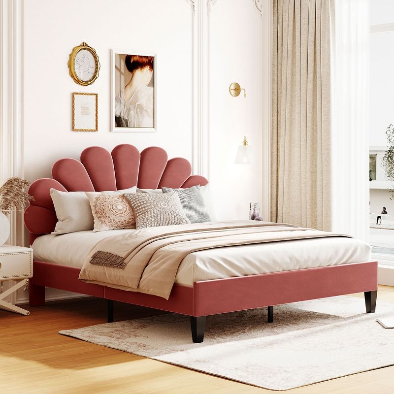 Upholstered Wood Platform Bed with Flower Pattern Velvet Headboard-ModernLuxe, 2 of 11