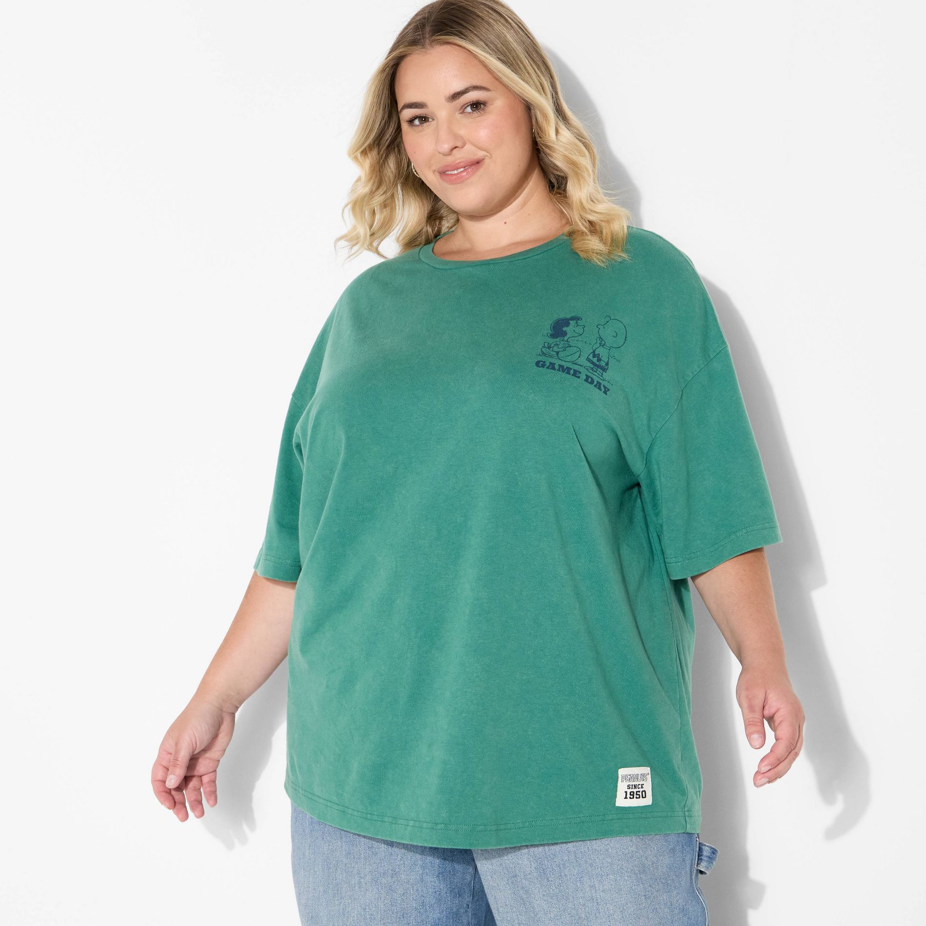 Adult Peanuts Charlie & Lucy Boyfriend Short Sleeve Graphic T-Shirt- Green 3X