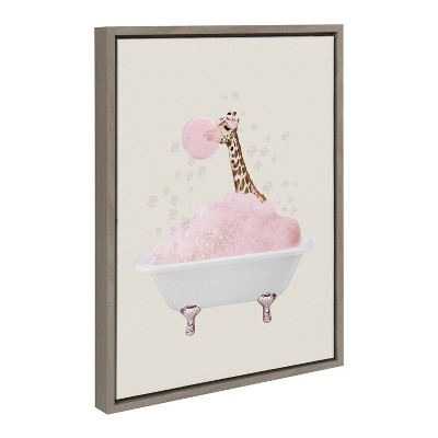 Gray Framed Canvas Wall Art with Giraffe in Bath, 18x24