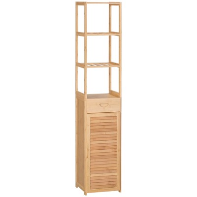 kleankin Tall Bathroom Cabinet with Drawer and Slatted Shelves Slim Bamboo Linen Tower with Louvered Door Natural