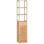 kleankin Tall Bathroom Cabinet with Drawer and Slatted Shelves, Slim Bamboo Linen Tower with Louvered Door, Natural