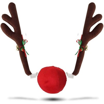 Christmas Reindeer Car Decoration Set | Plush Rudolf Antlers With Red Nose & Jingle Bells