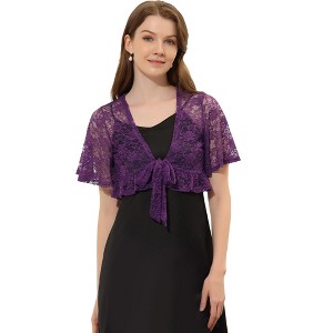 Allegra K Women's Lace Floral Tie Front Flowy Short Sleeve Cardigan Shrug Blouses - 1 of 4