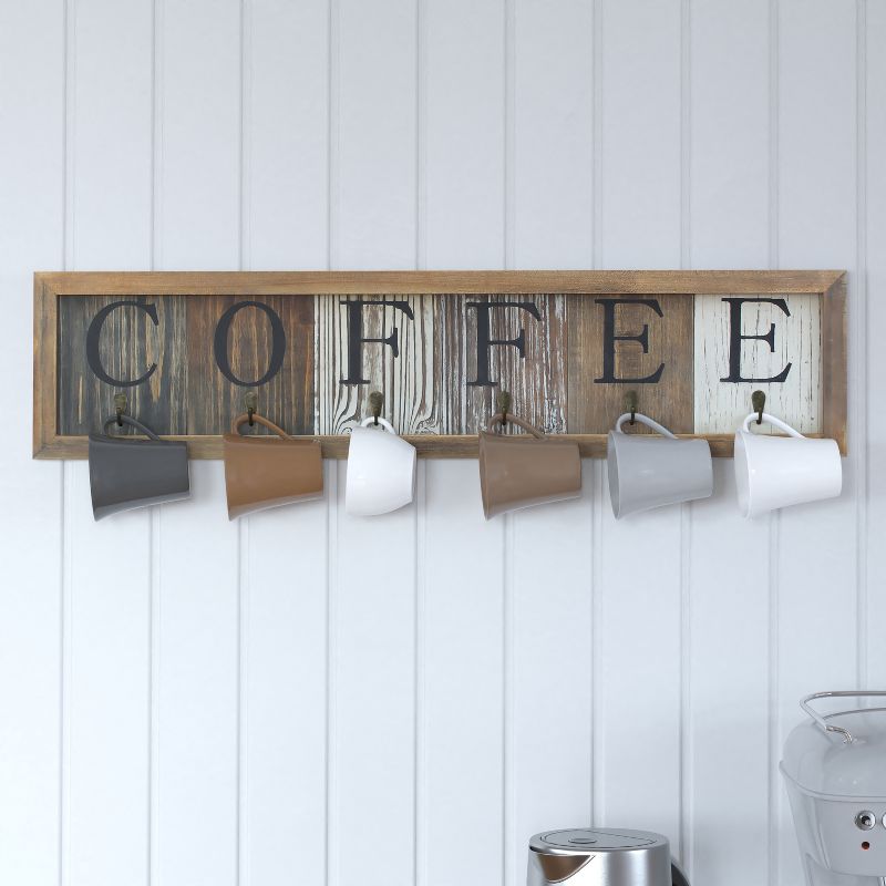 Merrick Lane Pheltz Wooden Wall Mount 6 Cup Distressed Wood Grain Printed COFFEE Mug Organizer with Metal Hanging Hooks, No Assembly Required, 2 of 11