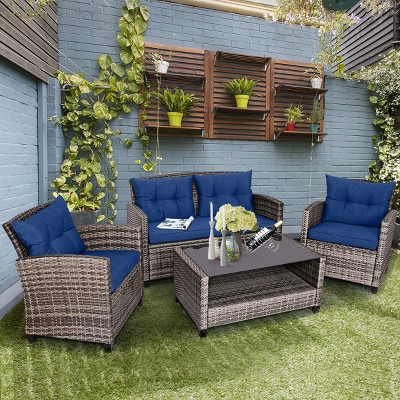 Costway 4 Pcs Patio Rattan Furniture Set Coffee Table Cushioned