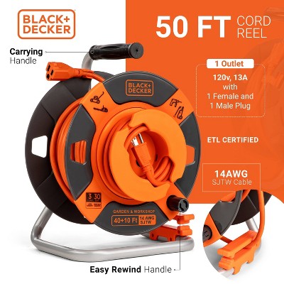 Black and Orange 50ft Retractable Garden Extension Cord Reel