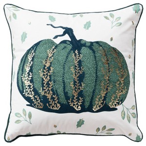 20"x20" Oversize Pumpkin Square Throw Pillow Cover Green/Gold - Rizzy Home: Cotton Canvas, Hidden Zipper, Pet Friendly - 1 of 4