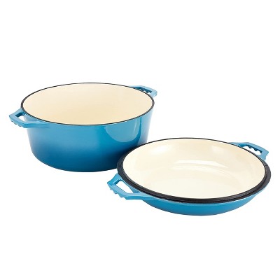 Blue Enameled Cast Iron Dutch Oven with Skillet Lid, 7 Quart