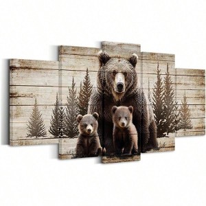 Vintage Grizzly Bear Canvas Wall Art Family Forest Painting Farmhouse Cabin Decor Gallery Wrapped 60x32 Inches Large 5 Piece - 1 of 4