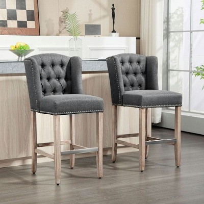 Resenkos Set of 2 Counter Height Barstools with Nailhead Trim and Tufted Backs, Dark