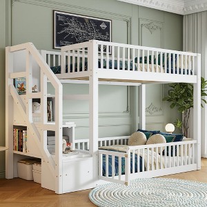Polibi Twin Over Twin Low Bunk Bed with Fence-Style Rails and Built-In Storage Staircase - 1 of 4