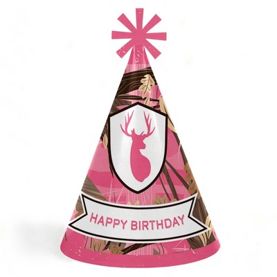 Big Dot of Happiness Pink Gone Hunting - Cone Happy Birthday Party Hats for Kids and Adults - Set of 8 (Standard Size)