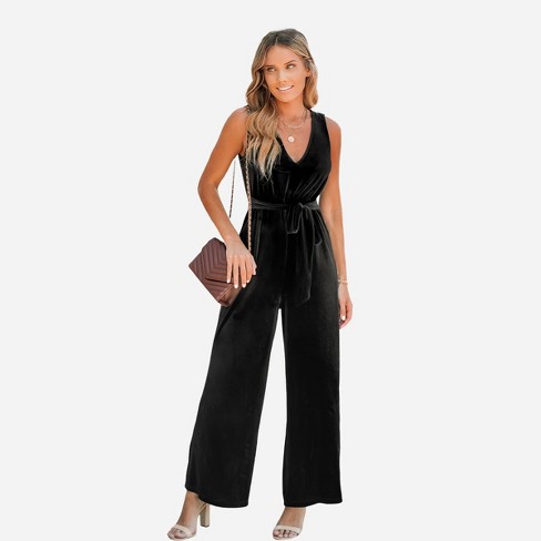 Women's Belted Wide Leg Jumpsuit - Cupshe-S-Black