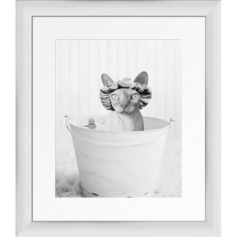 Cat Framed Wall Art White Ptm Images, Cat In Bathtub Art