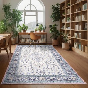 Washable Area Rug Vintage Medallion Floral Print Area Rug Non-Slip Low Pile Carpet for Dining Room Home Office - 1 of 4