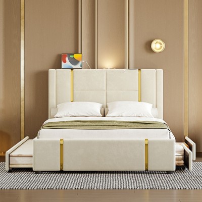 Okak Queen Platform Bed Frame with LED Lights and USB Charger No Box Spring Needed Upholstered Bed with Gold Decoration and Trundle