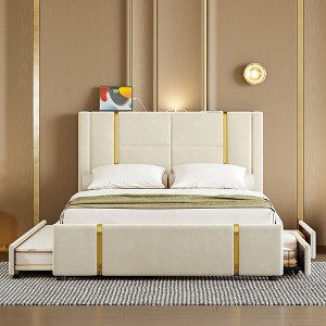 Okak Queen Platform Bed Frame with LED Lights and USB Charger No Box Spring Needed Upholstered Bed with Gold Decoration and Trundle - 1 of 4