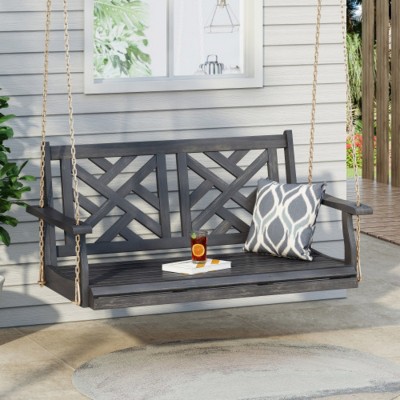 Modern Twin Size Porch Swing Bed with Slatted Seat and Back, Natural Wood Hanging Daybed for Patio, Garden or Backyard-Maison Boucle