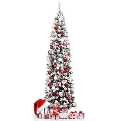 Tangkula Pencil Artificial Christmas Tree Snow Flocked Pencil Tree with Flexible Stand