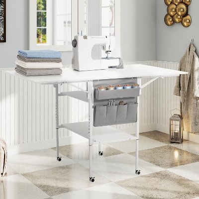 EROMMY Foldable Craft Table With Storage, Movable Sewing Table With 2 Shelves & Side Pocket, Home Hobby Folding table For Craft Room, Fixed Height