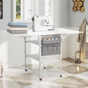 EROMMY Foldable Craft Table With Storage, Movable Sewing Table With 2 Shelves & Side Pocket, Home Hobby Folding table For Craft Room, Fixed Height - 1 of 4