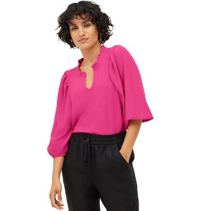 ellos Plus Size Textured Knit Ruffle Notch Neck Top - 1 of 4