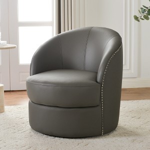 KINWELL 29"W Top-Grain Genuine Leather Upholstery Swivel Barrel Chair - 1 of 4