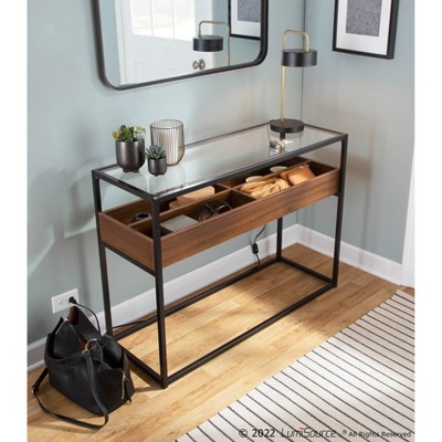 Contemporary Black Steel & Walnut Wood Console Table with Glass Top