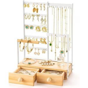 4-Tier Jewelry Organizer Stand with 15 Hooks & 16 Earring Holes, Velvet Ring Holder Display, White - 1 of 4