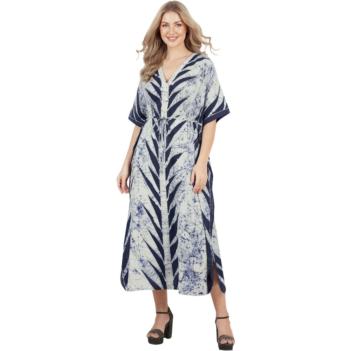 LA LEELA Summer Cotton Relaxed Fit Caftan Dress for Women Cruise Resortwear Vacation Holiday Lounge Outfit 2X-3X Blue Leaf