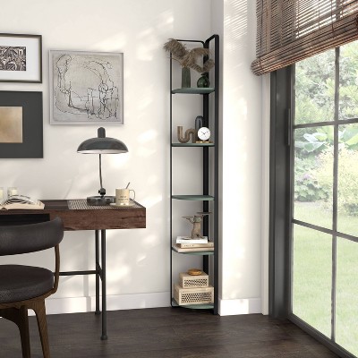 Naija Sage Green 71" Minimalist Corner Bookcase with Black Metal Frame