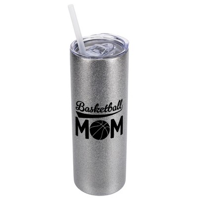 Elanze Designs Silvertone Sparkle 20 Ounce Double Wall Stainless Steel Glitter Travel Tumbler With Sliding Lid And Straw, Basketball Mom