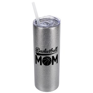 Elanze Designs Silvertone Sparkle 20 Ounce Double Wall Stainless Steel Glitter Travel Tumbler With Sliding Lid And Straw, Basketball Mom - 1 of 4