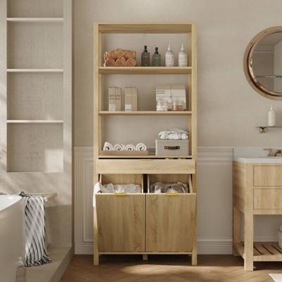 FUFU&GAGA 2 Section Laundry Hamper Cabinet,Bathroom Storage,Tiered Laundry Basket,22LBS Weight Capacity,Open Shelves & Drawers