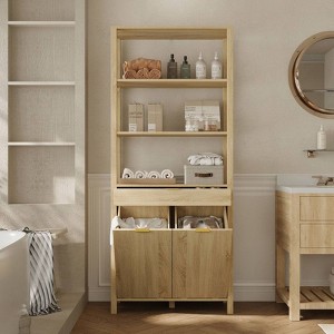 FUFU&GAGA 2 Section Laundry Hamper Cabinet,Bathroom Storage,Tiered Laundry Basket,22LBS Weight Capacity,Open Shelves & Drawers - 1 of 4